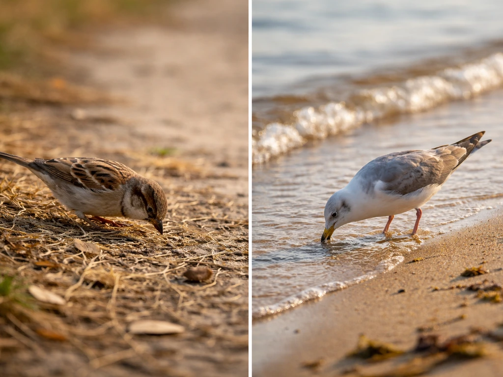 Left sparrow-like bird foraging on land; right seabird near shallow water feeding at the shoreline.