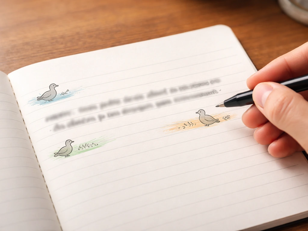 Close-up of an open notebook with a sample sentence and surrounding cues about birds, no readable text