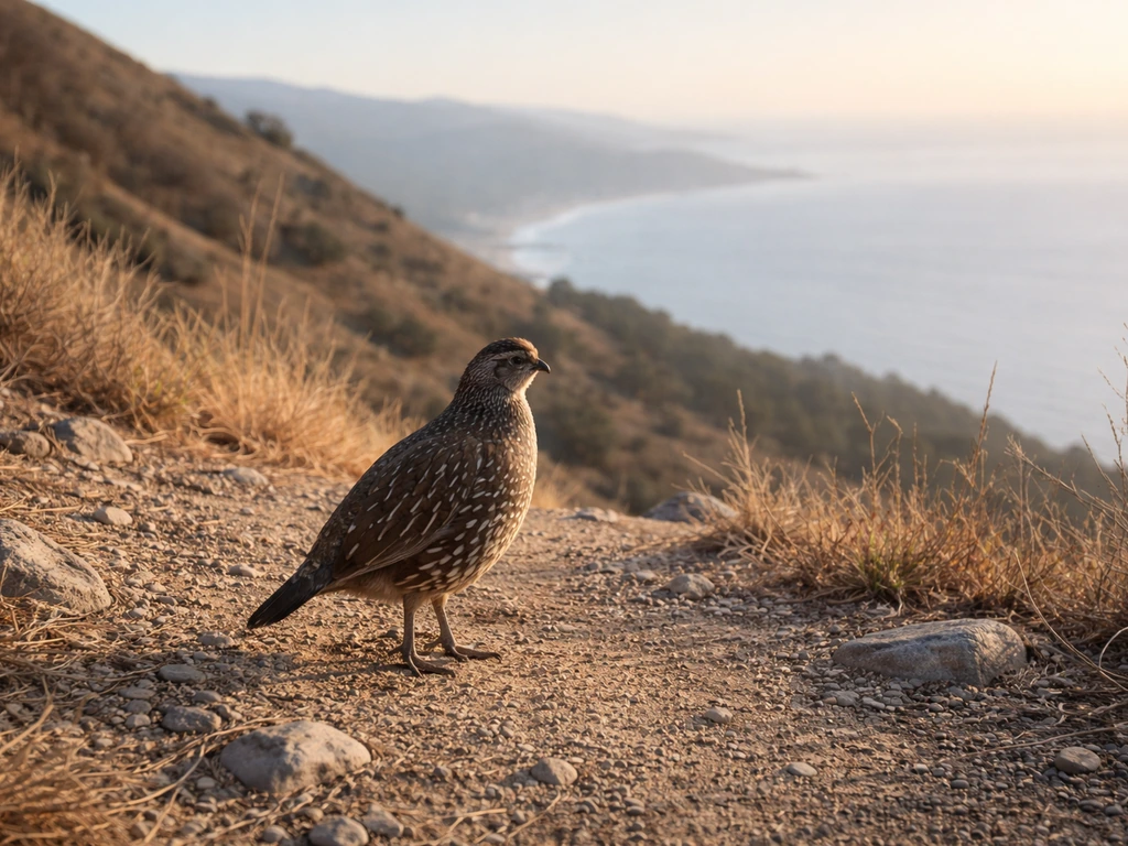 A small upland bird on dry rocky ground with a distant shoreline below.