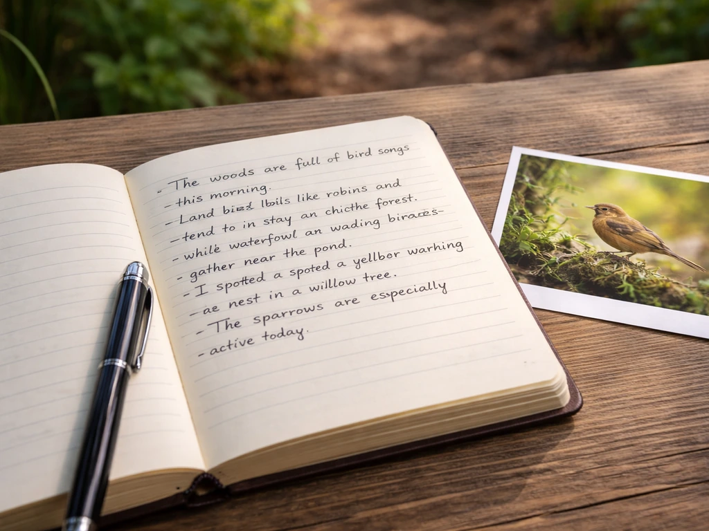 Open nature field journal with handwritten bird sentences and a small songbird reference photo beside it.