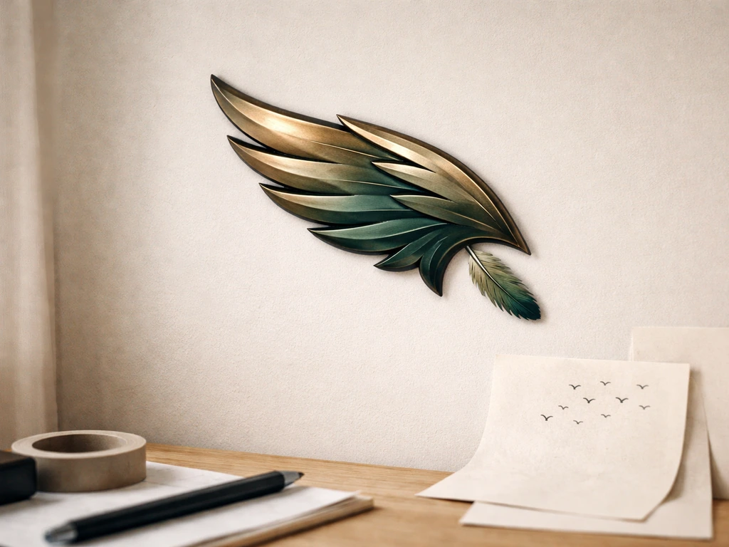Close-up of an abstract eagle-wing emblem with a feather and blank bird-silhouette paper scraps on a wall.