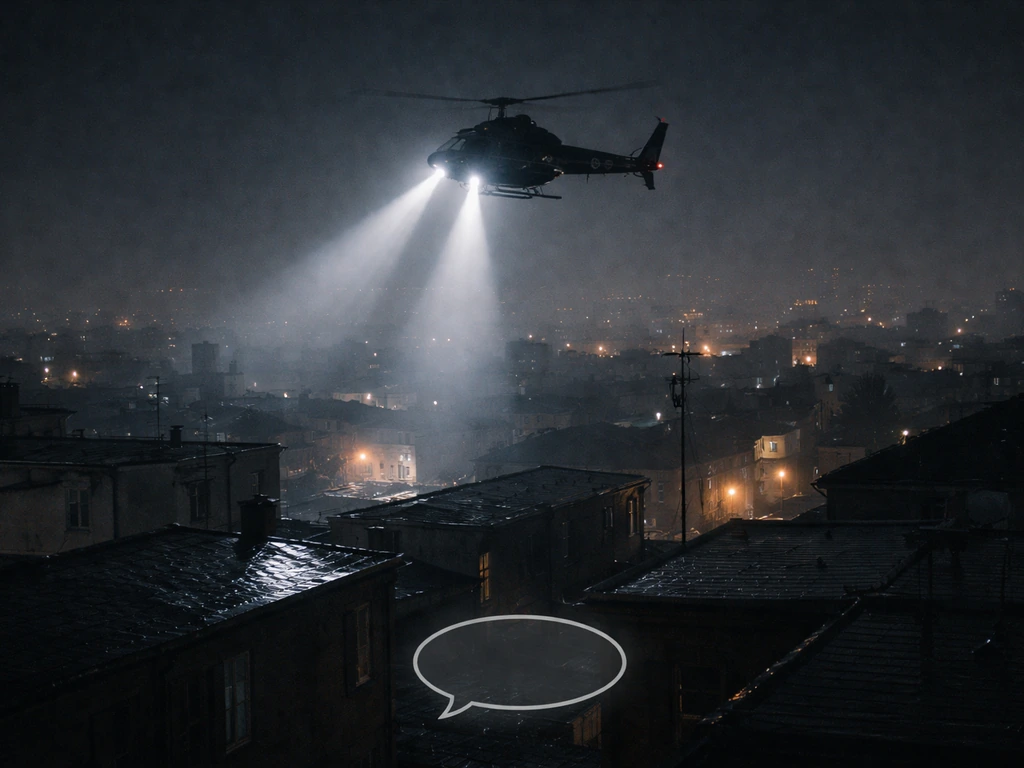 Police helicopter hovering above a dense city neighborhood at night, with a subtle slang-meaning cue.