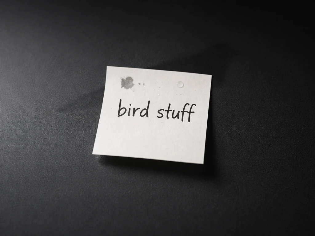 Minimal sticky note with “bird stuff” and a small smudge/dirty icon over a faint bird silhouette
