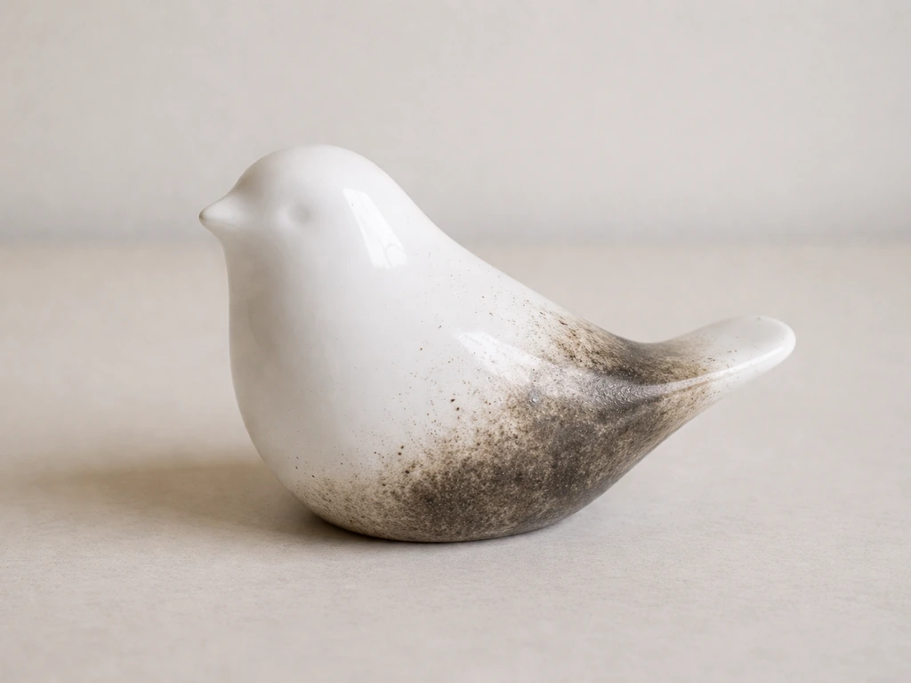 Close-up of a white bird ornament on a neutral table with subtle grime increasing toward the base.