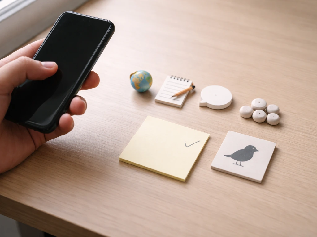 Hand on a desk arranging small context cue icons and a bird card for quick phrase meaning checking.