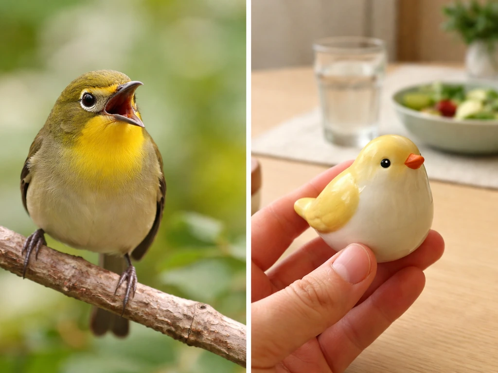 Two-panel photo: a perched bird on the left and a small bird figurine in a hand on the right.