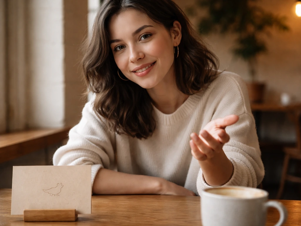 Person in a cozy cafe gesturing warmly while a small quote card with the phrase is held nearby.