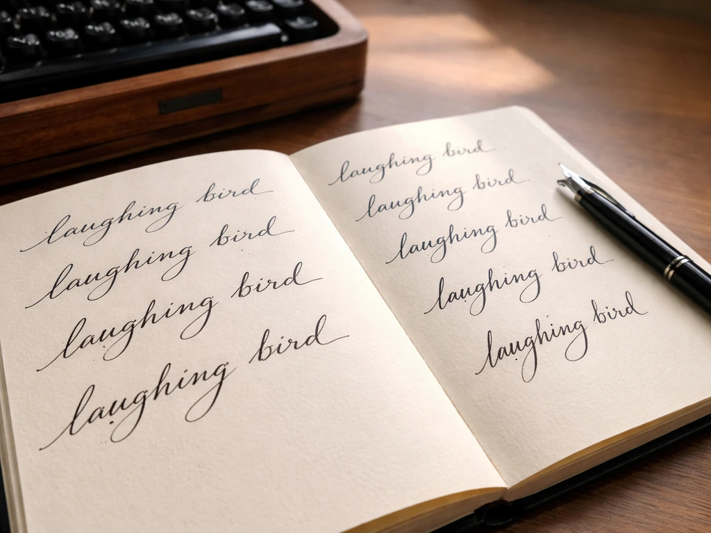 Close-up of a typewriter and notebook with handwritten lines containing “laughing bird” in varied styles.
