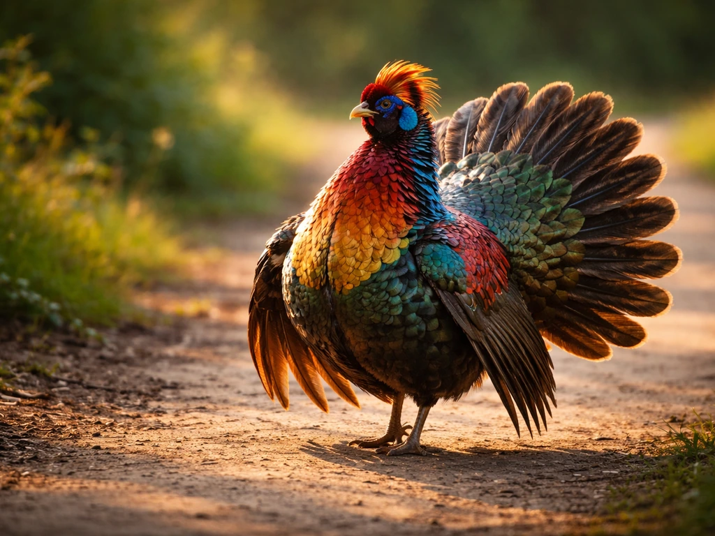 A vivid bird strutting with chest out in a sunlit natural setting, showing bold literal “strut” behavior.