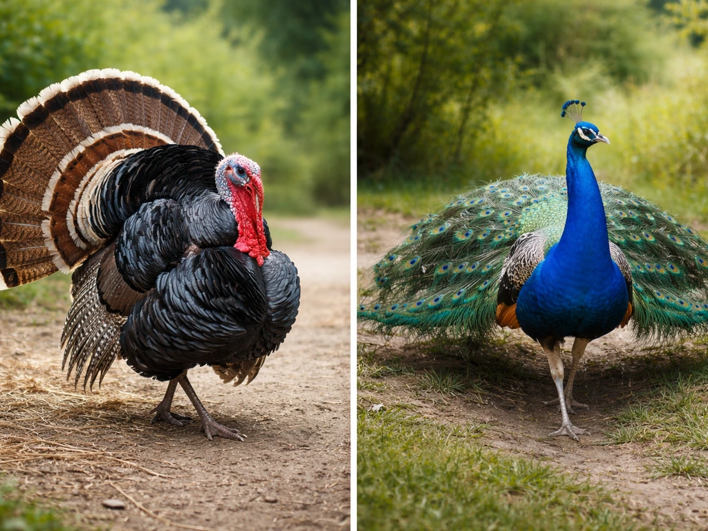 A turkey and a peacock in separate natural settings, both showing chest-out display struts