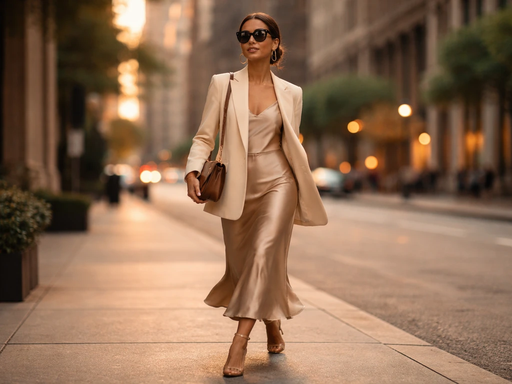 Person in stylish outfit walking confidently on a city sidewalk at golden hour, softly blurred background.