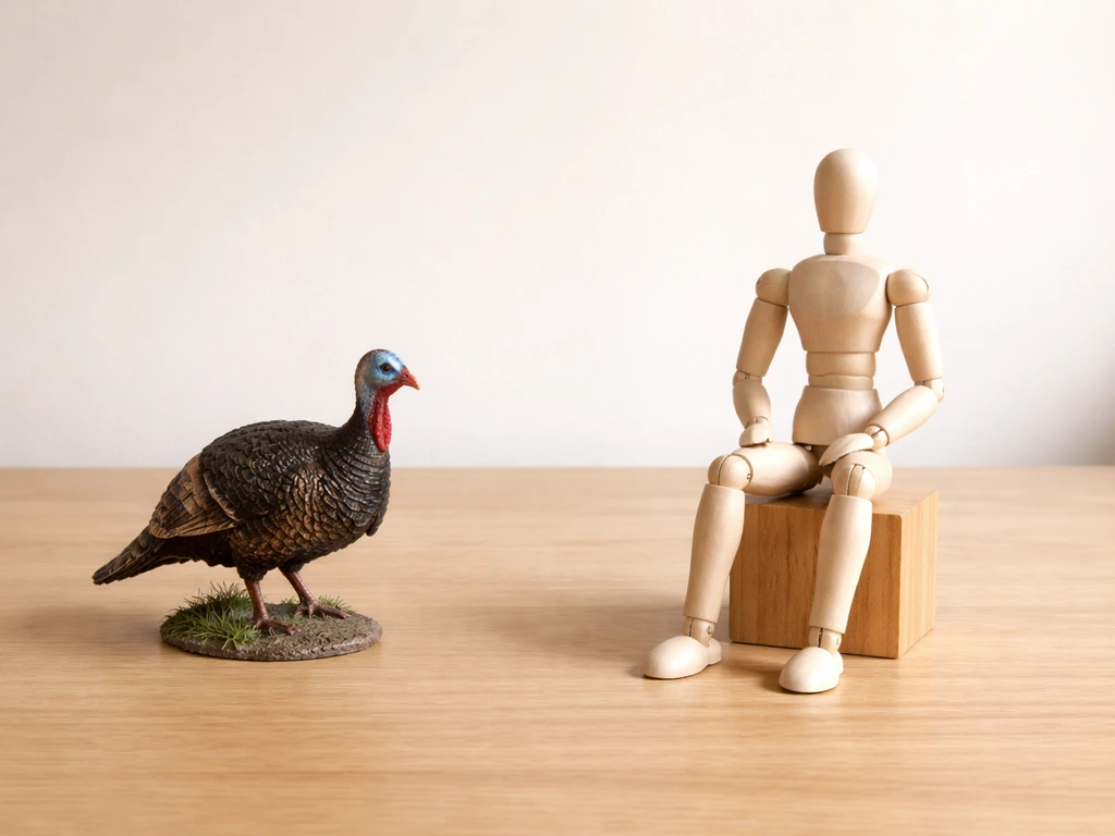 Minimal desk scene with two small cards showing an animal and a confident posture gesture, no text.