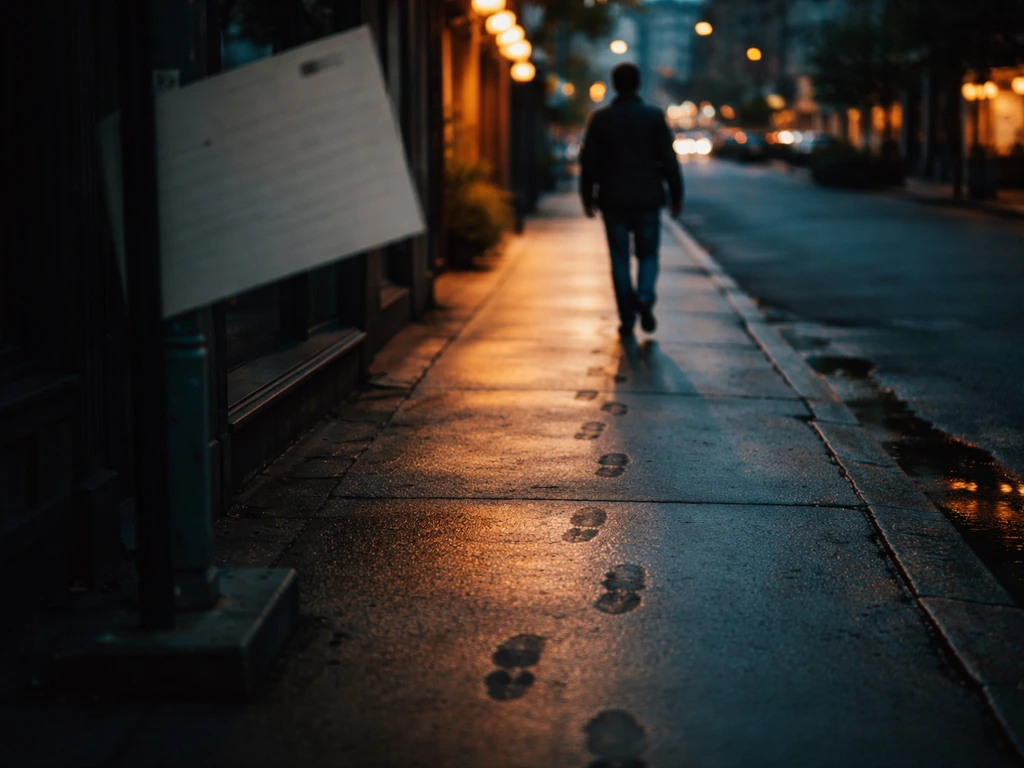 City sidewalk at dusk with a figure walking away, subtle follow cues, and blurred blank dictionary-card shapes.