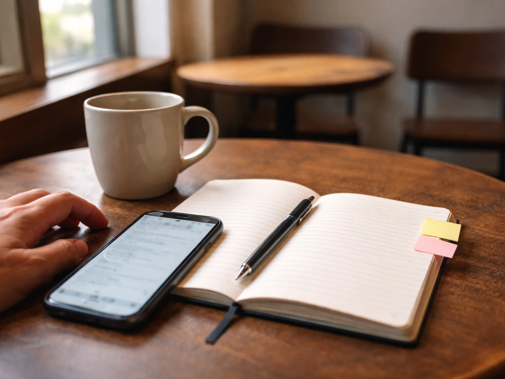 Close-up of a coffee shop table with a phone showing a draft message and a notebook, suggesting two example phrases