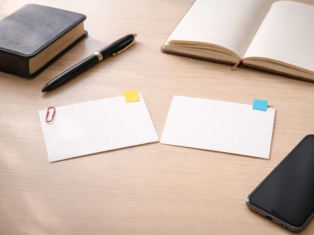 Minimal desk scene with blank cards and a notebook, using color tabs and a pen as meaning cues.