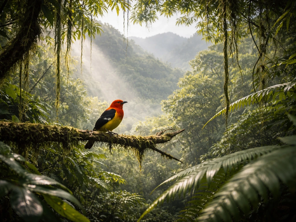 Misty island rainforest with an endemic bird perched on a mossy branch, surrounded by lush green foliage.