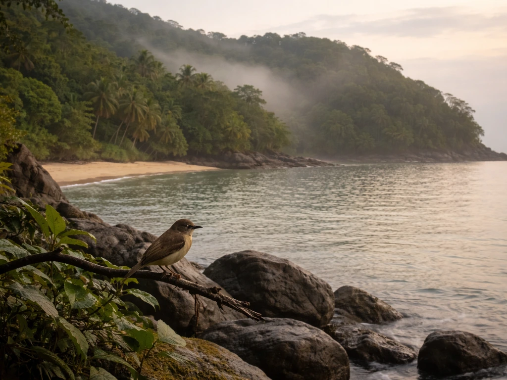 Small endemic bird perched on a branch overlooking a misty isolated island rainforest at dawn.