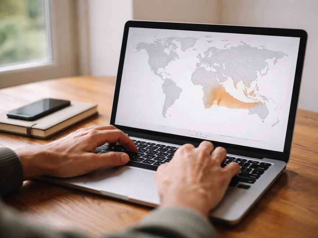 Hands on a laptop showing a highlighted bird range map in a single region, simple desk setup.