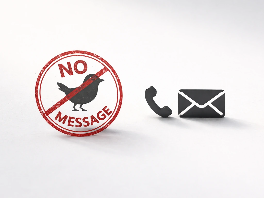 Minimal icons: tiny bird and phone/inbox with a red “NO MESSAGE” stamp indicating no communication.