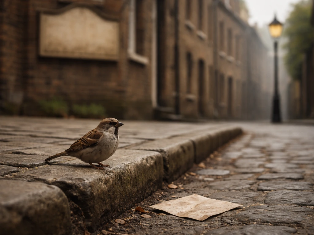 A small sparrow perched on a London street curb near old-fashioned housefronts, with a gentle nursery feel.