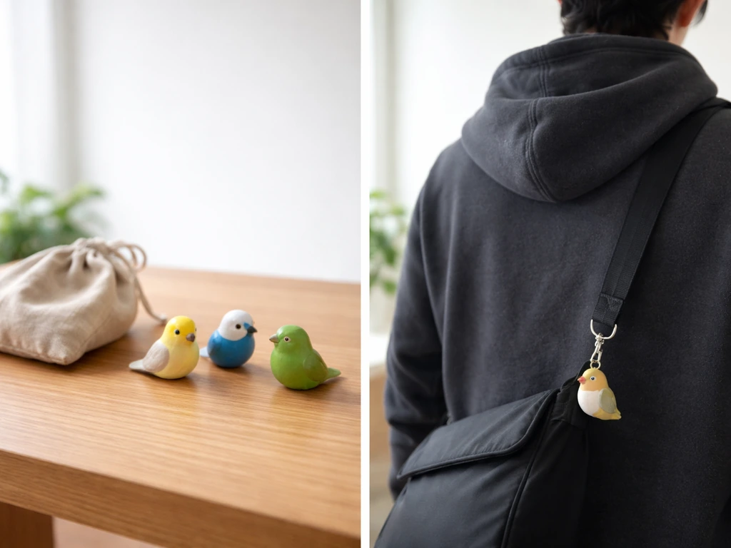 Split scene: bird-shaped items on a table vs. an anonymous hooded adult with a bird charm, no text.