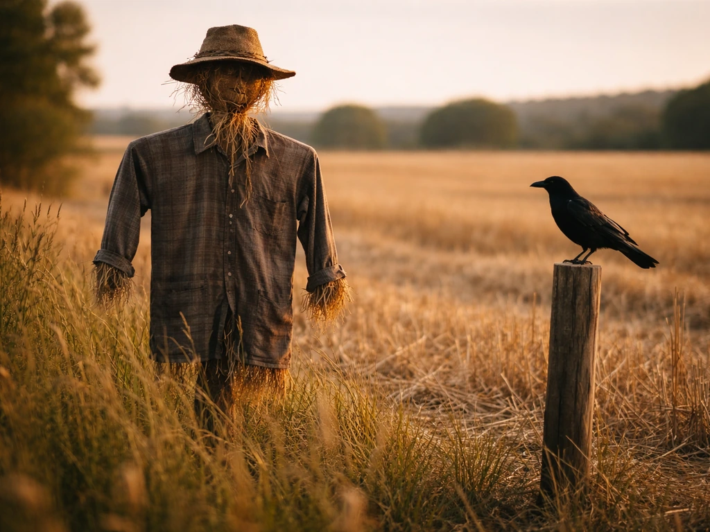 Straw scarecrow in a rural field with a black crow perched nearby at golden hour.