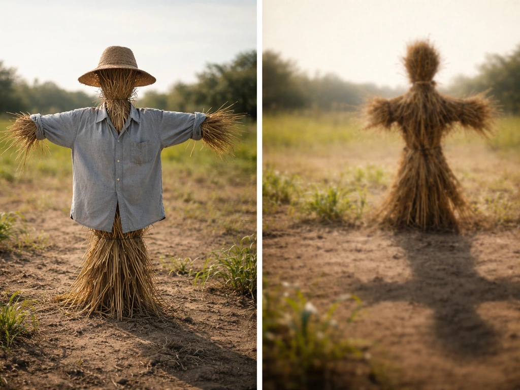 Left: a straw scarecrow in a field; right: symbolic straw and shadowy scarecrow imagery, no text.
