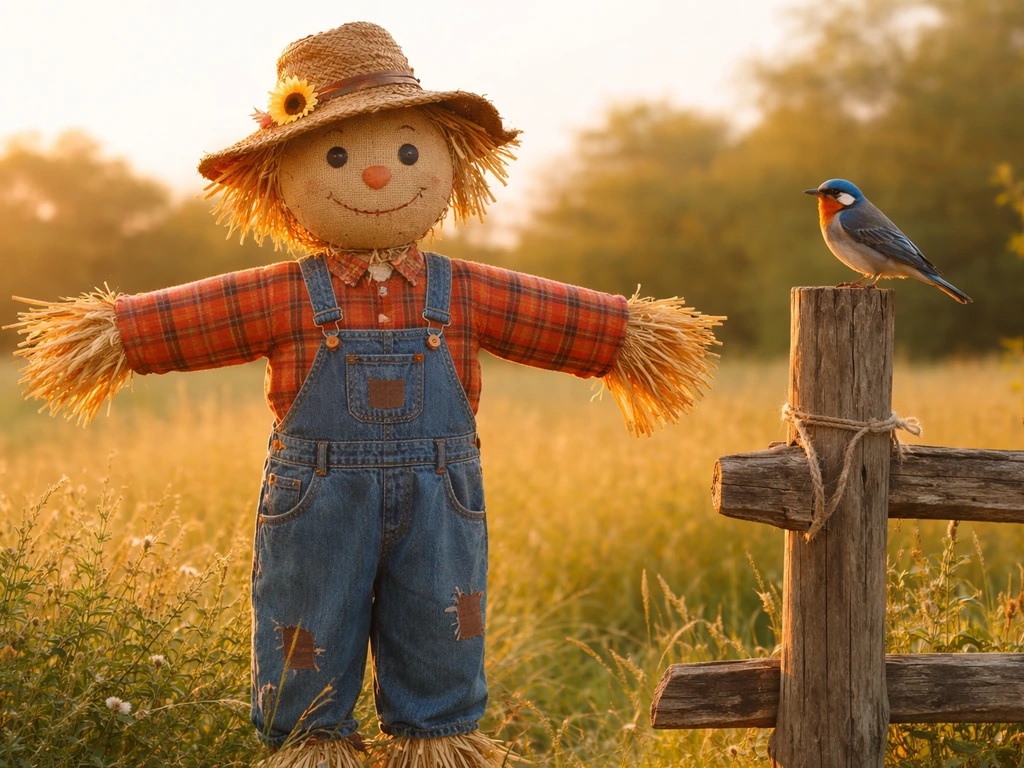 A straw scarecrow in a field with a bird perched nearby on a fence post.