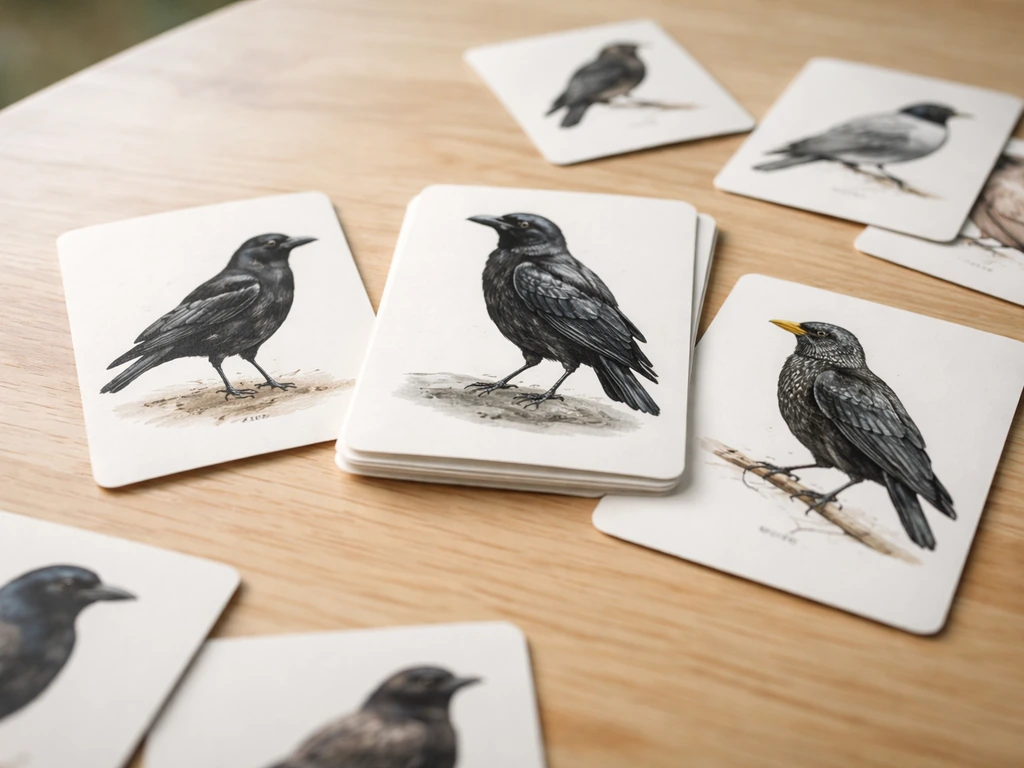 Close-up of an open set of small bird illustration cards with crows and ravens on a wooden table.