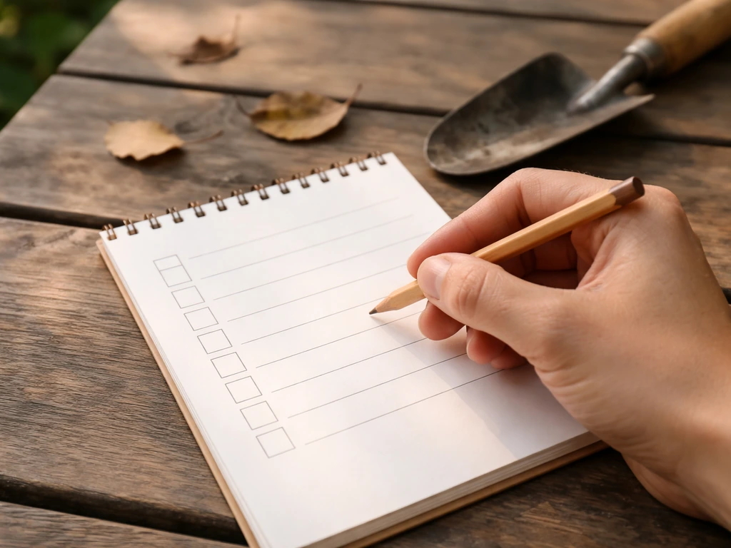 Close-up of a notebook with a simple checklist next to a garden trowel and leaves in soft daylight