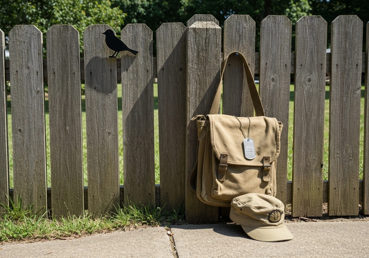 Weathered yard fence with carved bird silhouette beside vintage military satchel and dog tag, no text.