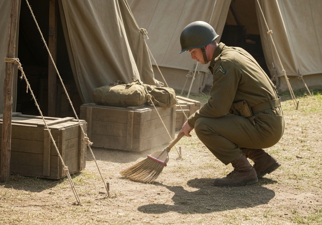 Anonymous WWII-era soldier sweeping camp ground near a tent, evoking menial cleanup duty.