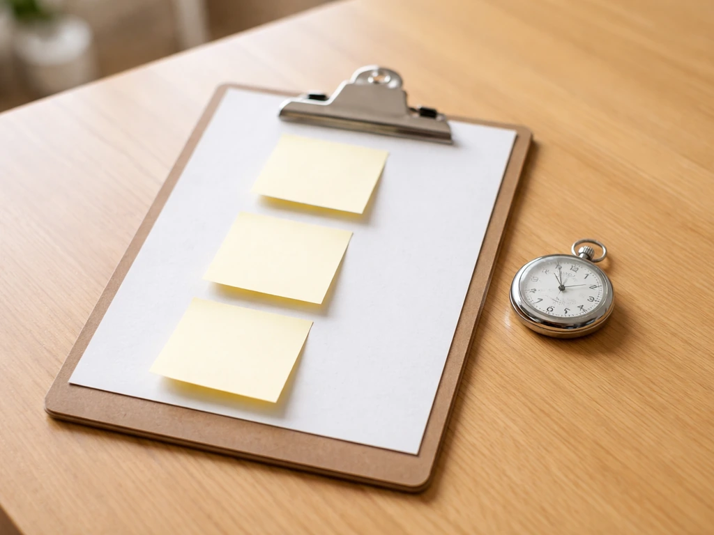 Clipboard with blank sticky notes on a wooden table, styled to suggest a quick decision checklist.