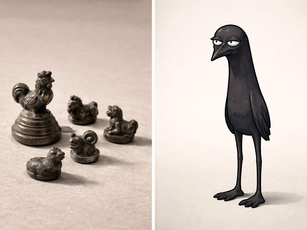 Split close-up of tiny animal-shaped weighing weights beside a tall bird-like meme creature silhouette