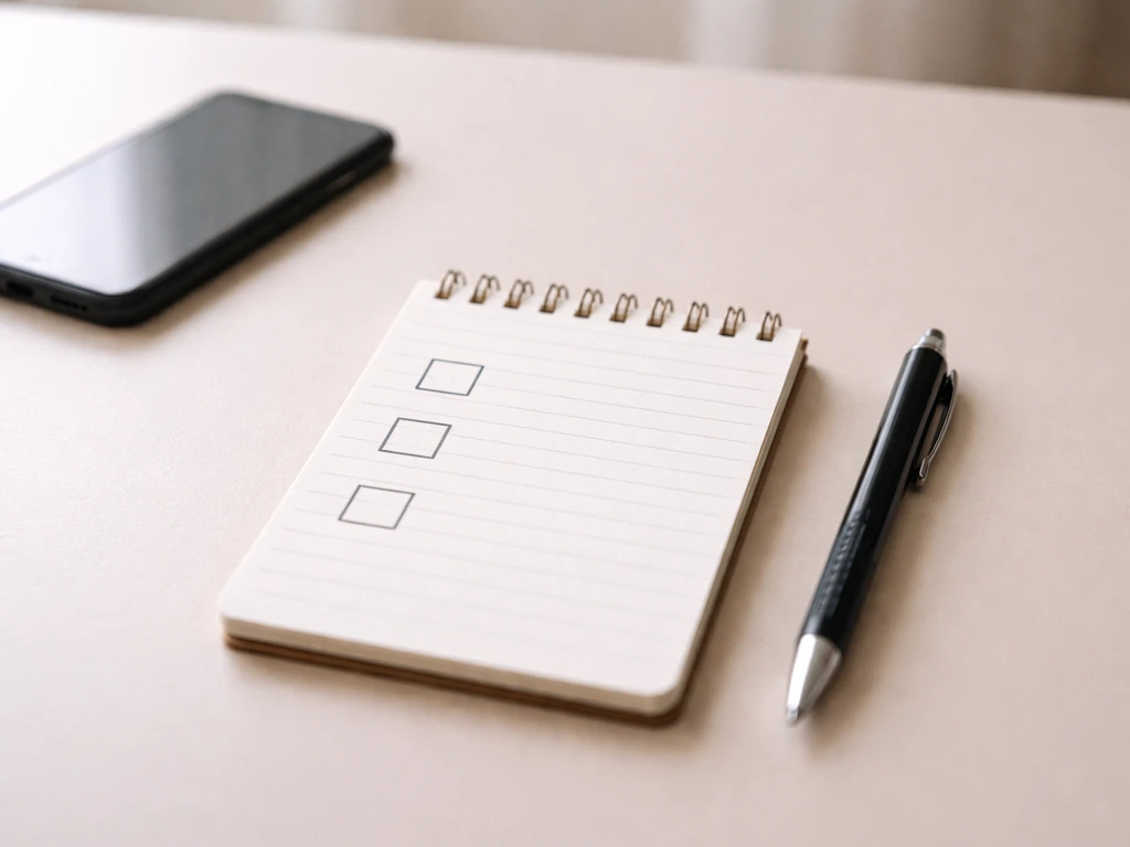 Minimal desk photo: notebook with three blank checkboxes and a pen, with a phone nearby.