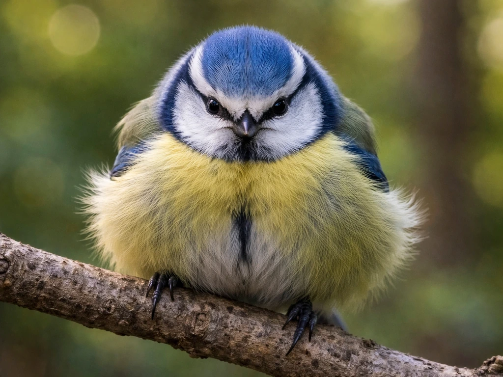 Irritable bird with puffed feathers perched on a branch, stern and mischievous expression.