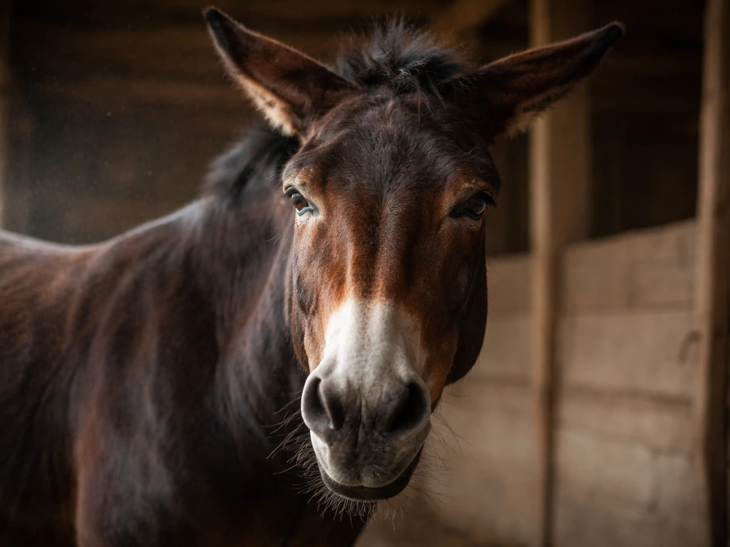Close-up of a scowling, irritable-looking mule in a simple barn stall