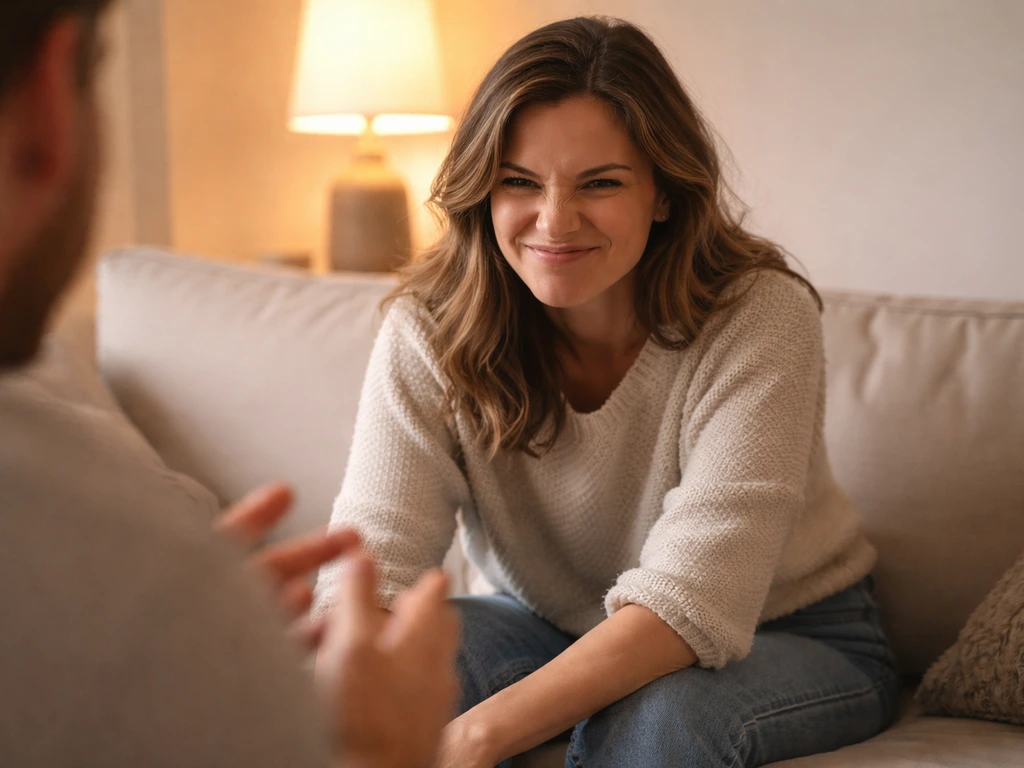 Woman on a couch playfully teasing with a mild scowl; blurred friend nearby in a cozy room.