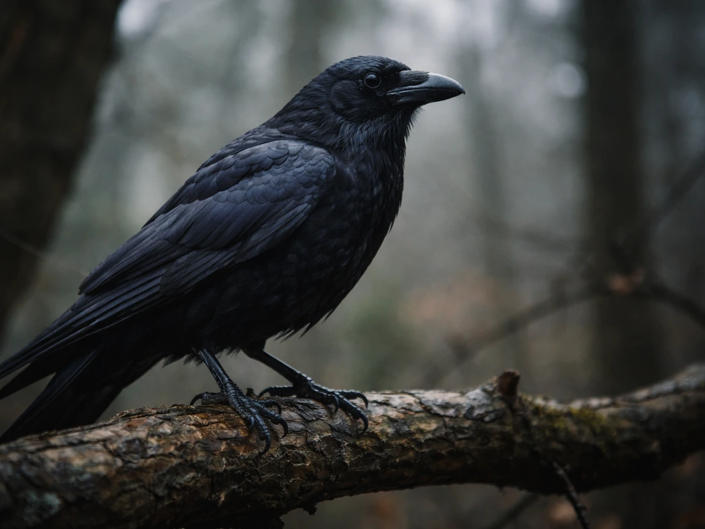Moody close-up of a crow perched on a branch, alert and watchful with a softly blurred misty forest background.
