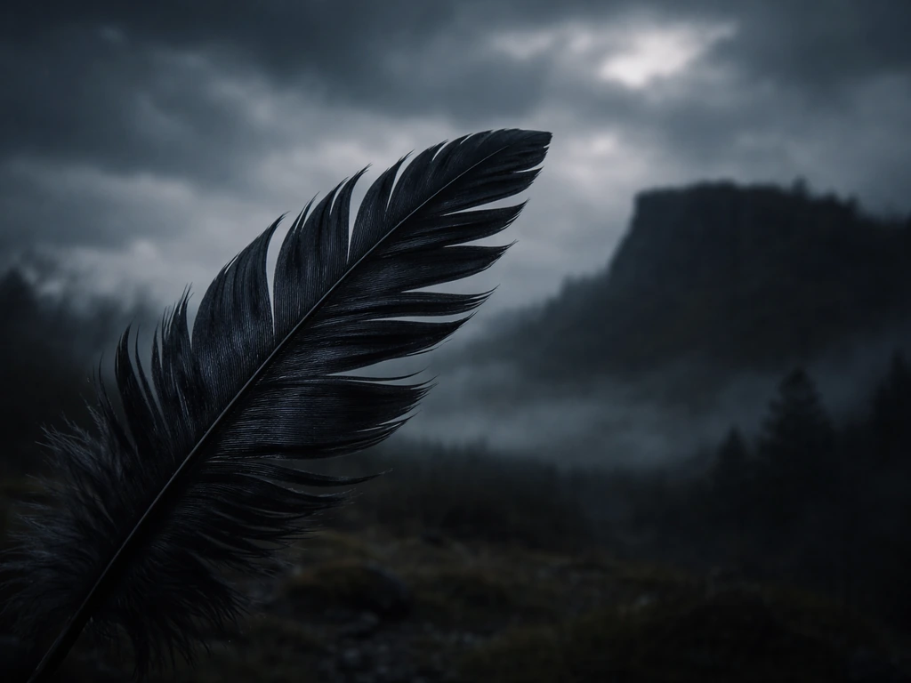 Close-up raven/crow feathers in foreground with a dark, stormy mythic landscape behind.