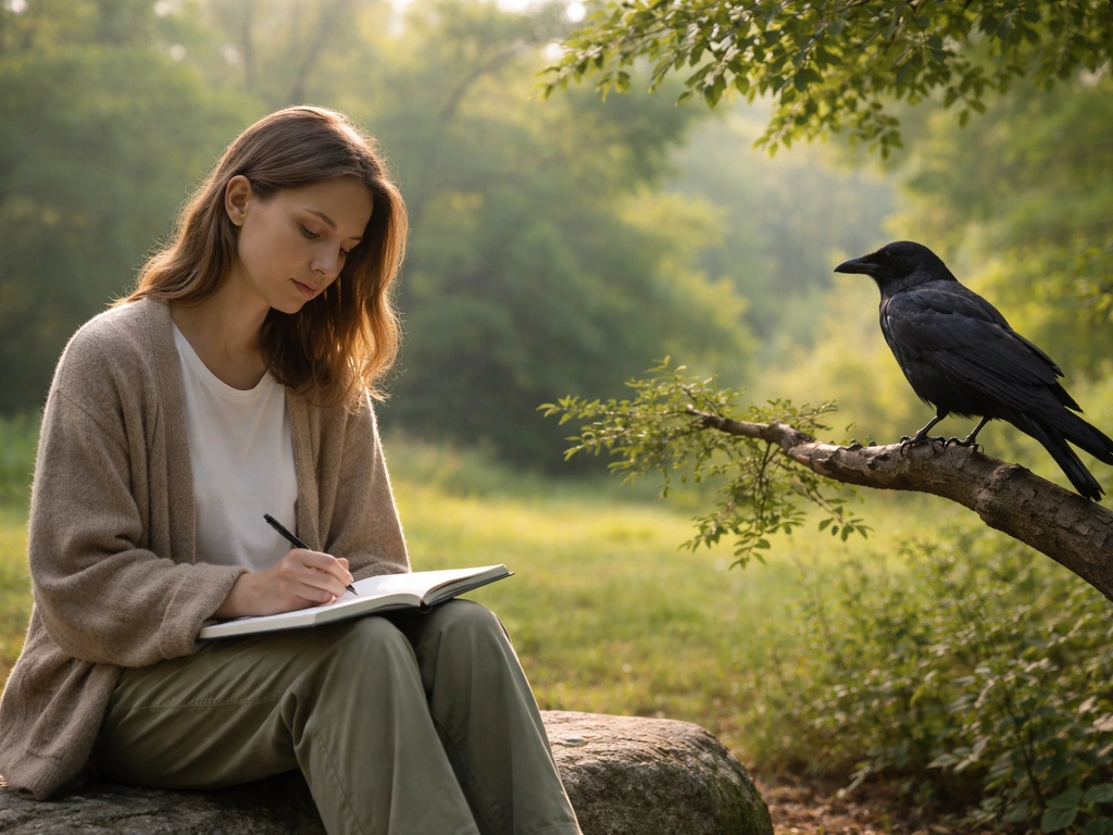 Person journaling outdoors as a crow perches nearby on a branch in calm morning light.