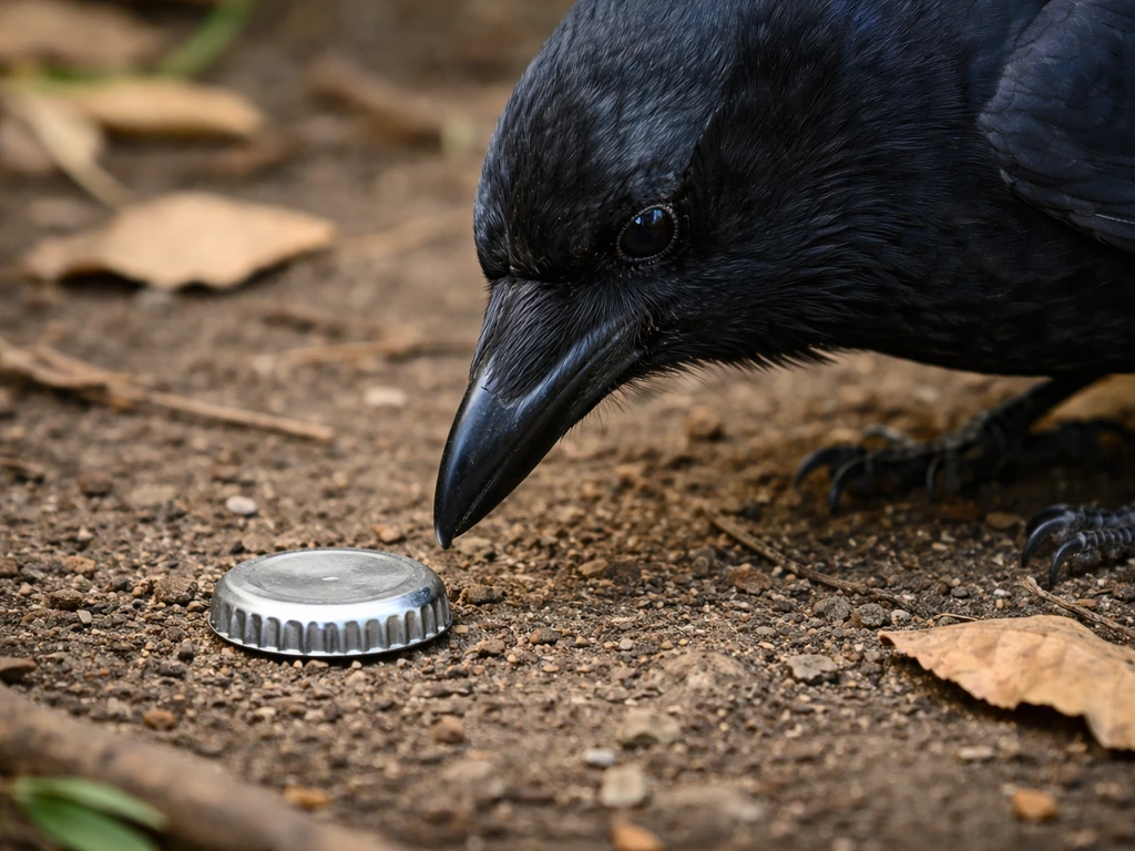 A crow inspects a small shiny bottle-cap-like metal object on the ground in natural outdoor light.