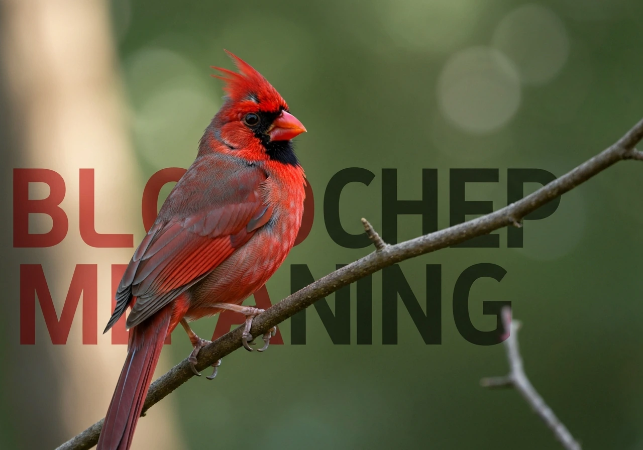 Molting Northern Cardinal on a branch with subtle type-like overlay elements behind it.