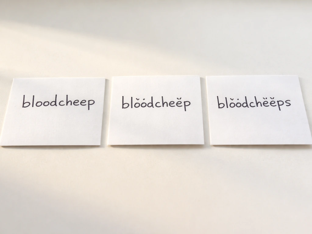Three side-by-side paper cards showing handwritten misspellings of “bloodcheep” variants on a desk.