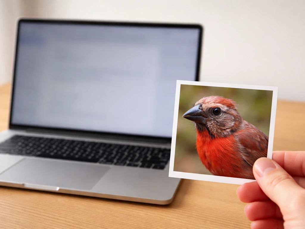 Minimal desk scene with a laptop showing a blurry bird photo and a small inset of a bald red cardinal molting
