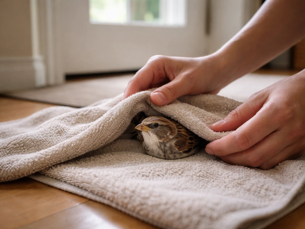 Hands gently stabilizing a small bird on a towel after it hits a window in a bright room.