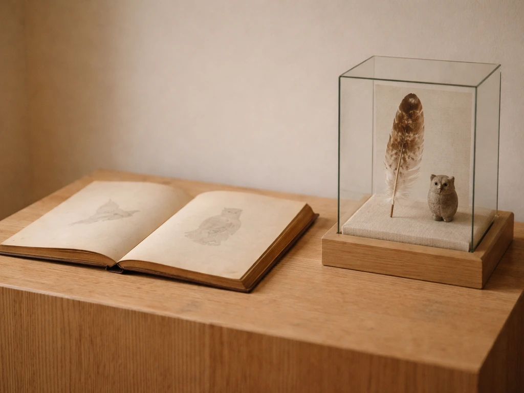 Vintage book pages and a small museum display case with a neatly arranged feather and owl-themed decor.