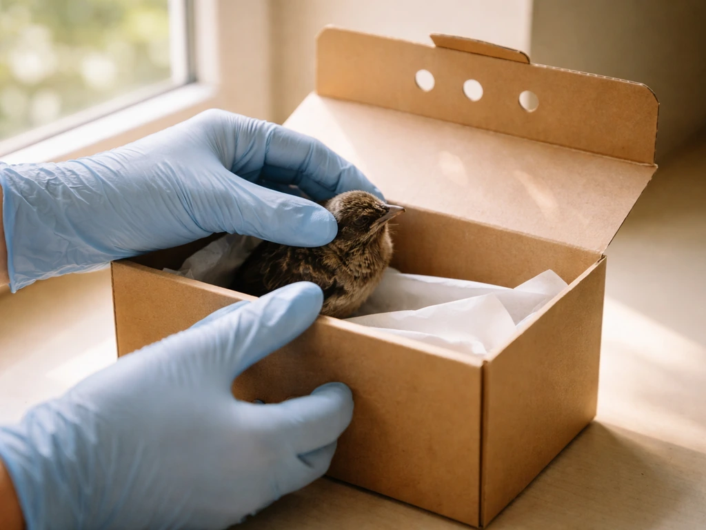 Gloved hands placing a small injured bird into a simple cardboard carrier near a window
