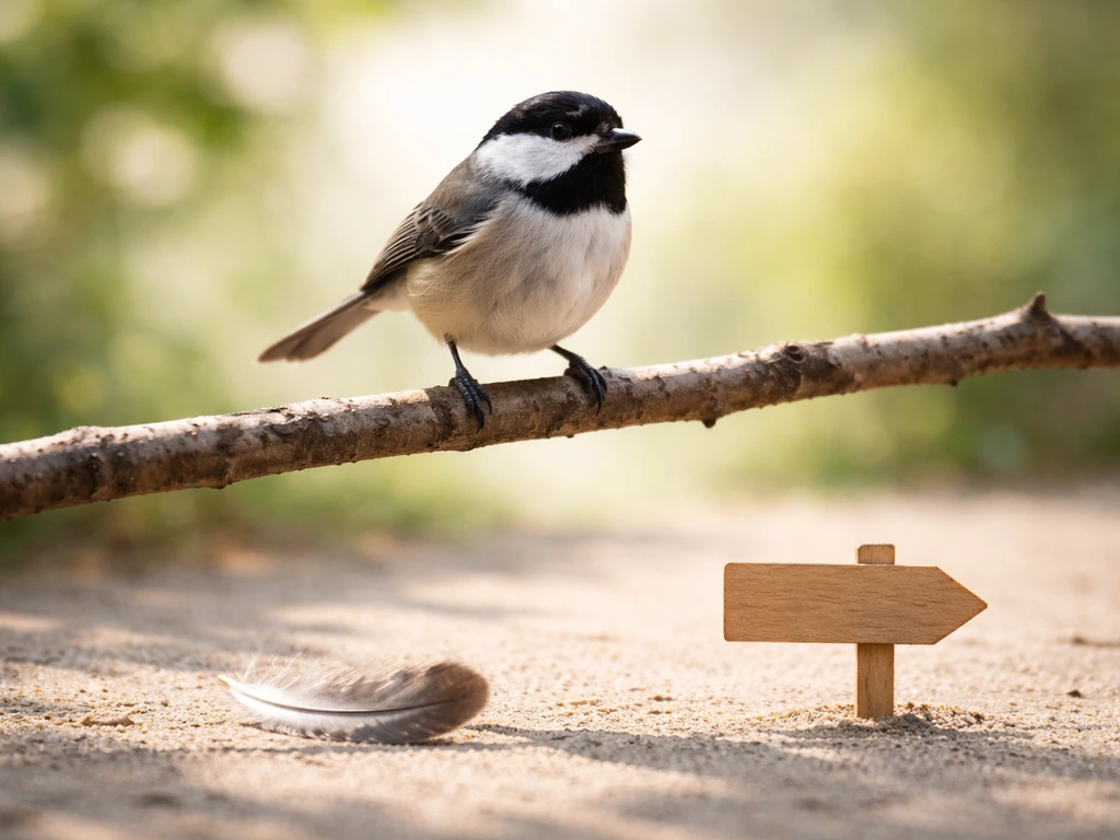 Real bird perched on a branch with small subtle objects suggesting literal vs figurative meaning cues.