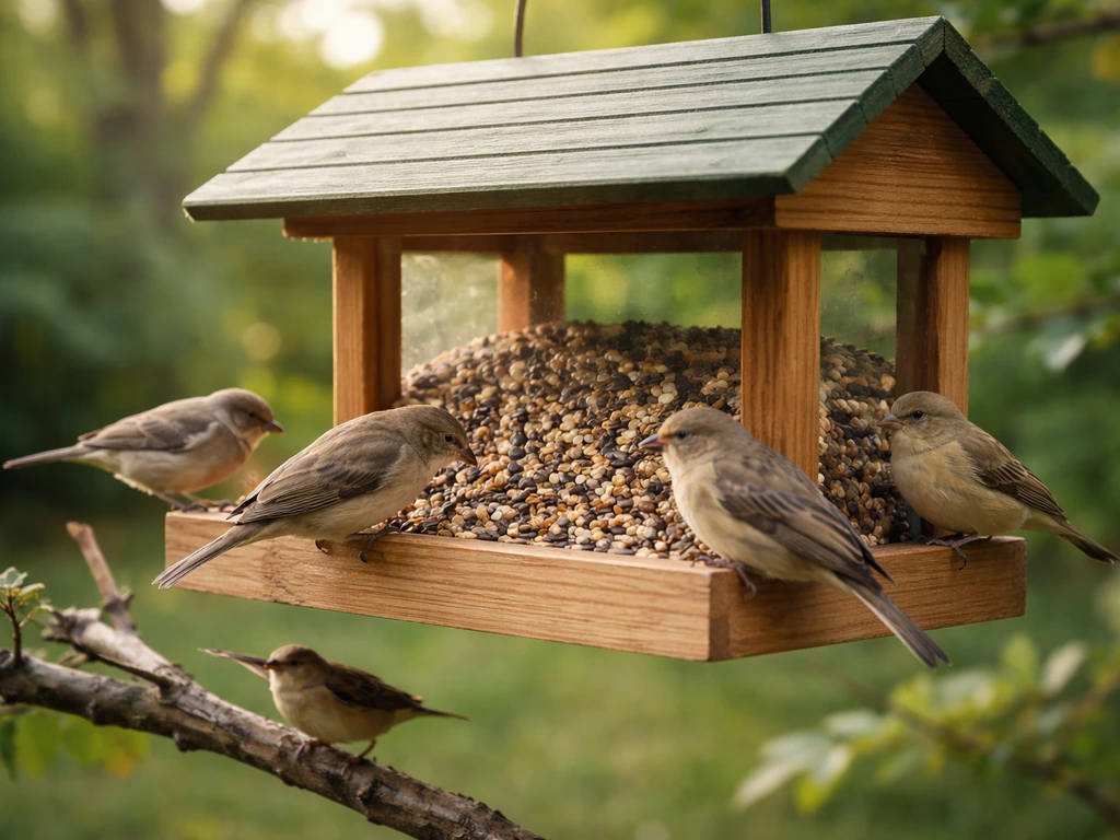 Multiple small songbirds feeding at a backyard feeder in soft morning light.